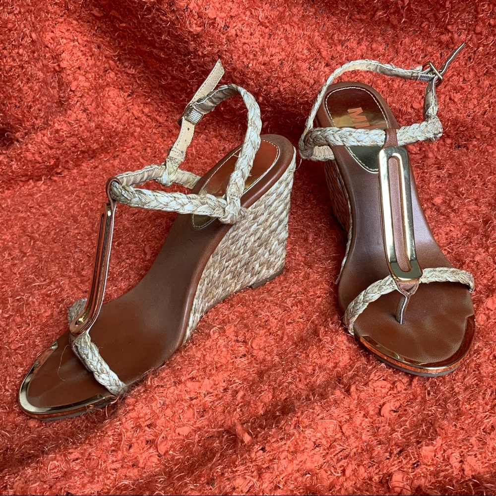 Strappy wedge basket weave heels with gold detail